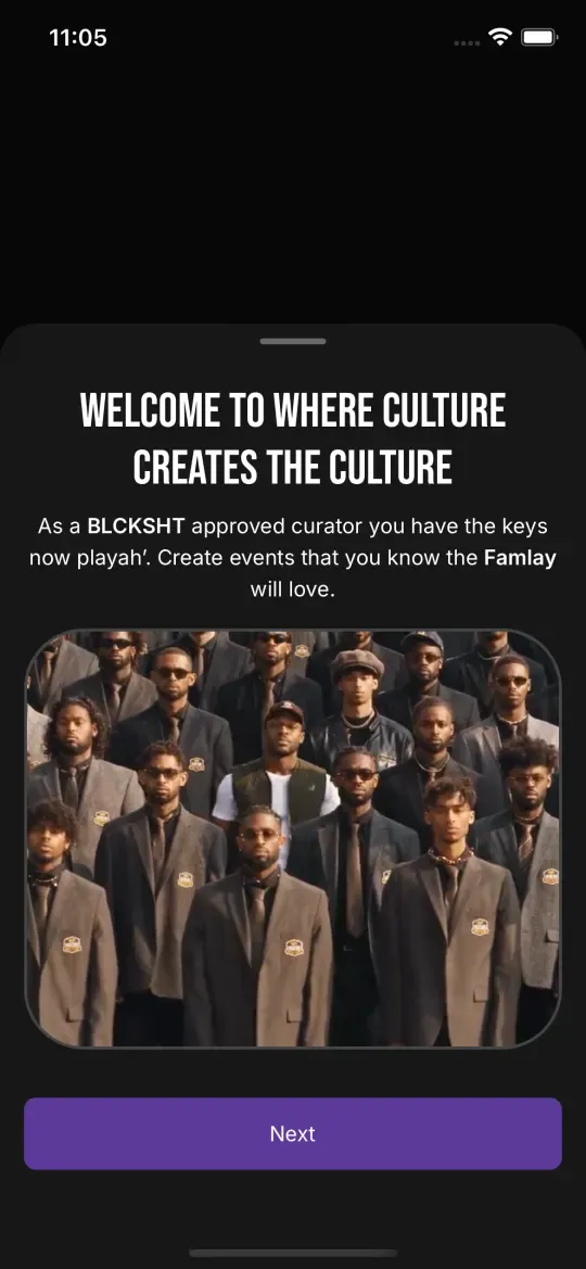 The curator welcome screen: a headline reading “Welcome to where culture creates the culture”, a short video, and a Next button.
