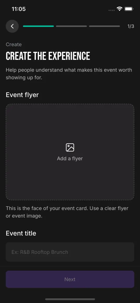 Step one of three in the new Create an event page, with a space to add a flyer and an event title field.