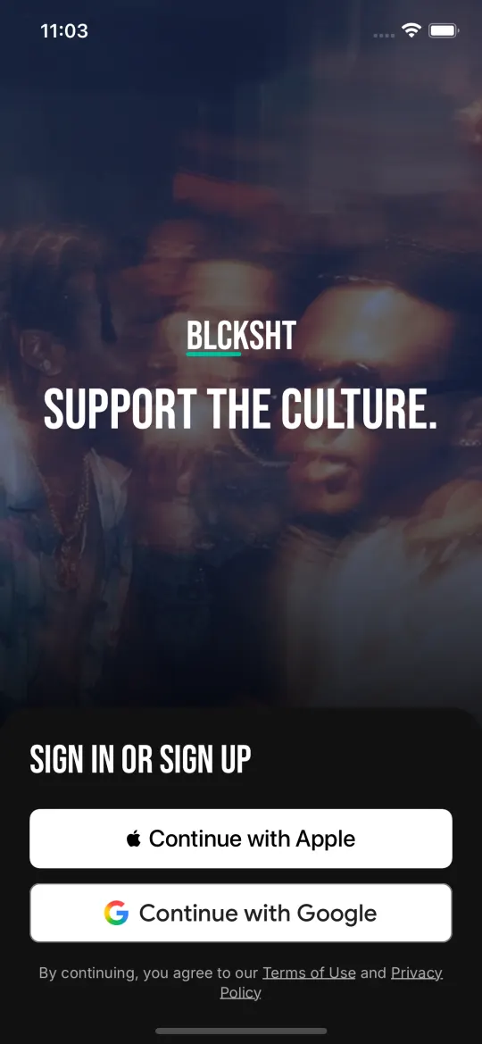 The BLCKSHT sign-in screen reading “Support the culture”, with Continue with Apple and Continue with Google buttons.